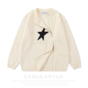 Cyber Envoy | Solid Color Star Zipper  Pullover Sweater