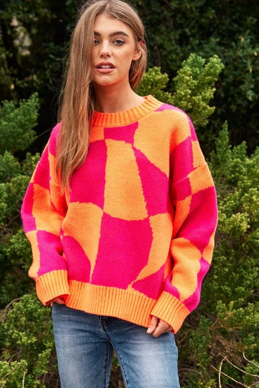 Davi & Dani Multi Geo Checker Pullover Knit Sweater Top