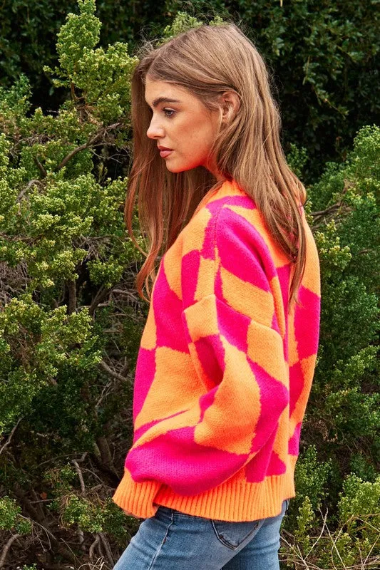 Davi & Dani Multi Geo Checker Pullover Knit Sweater Top