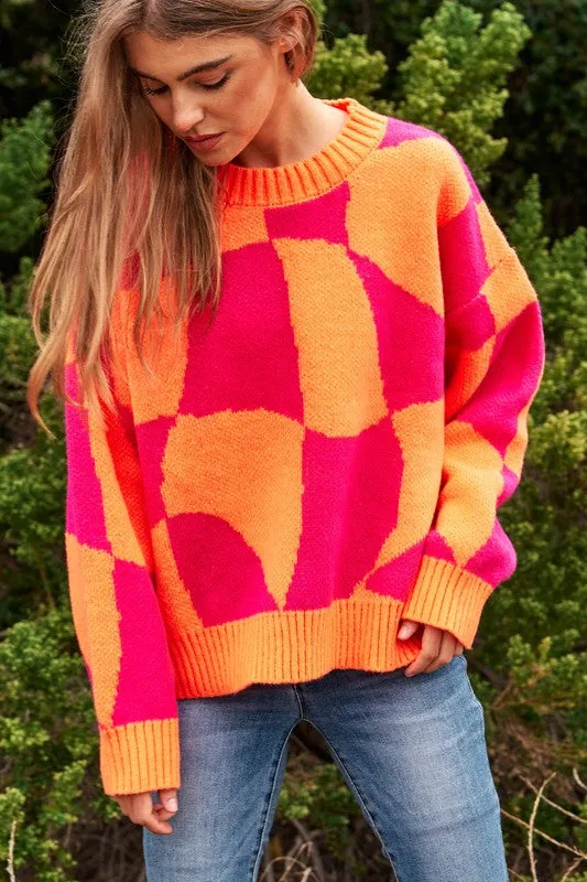 Davi & Dani Multi Geo Checker Pullover Knit Sweater Top