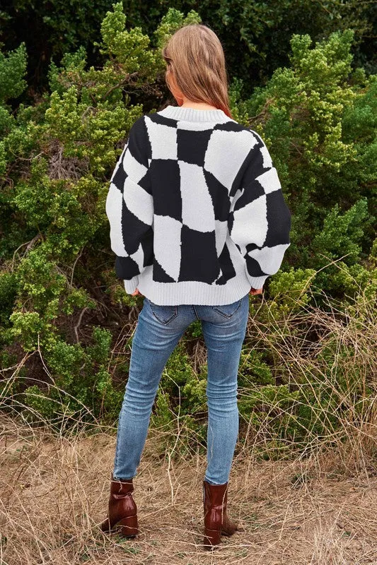 Davi & Dani Multi Geo Checker Pullover Knit Sweater Top