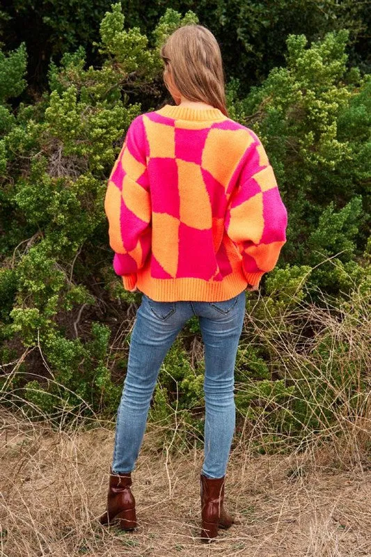 Davi & Dani Multi Geo Checker Pullover Knit Sweater Top