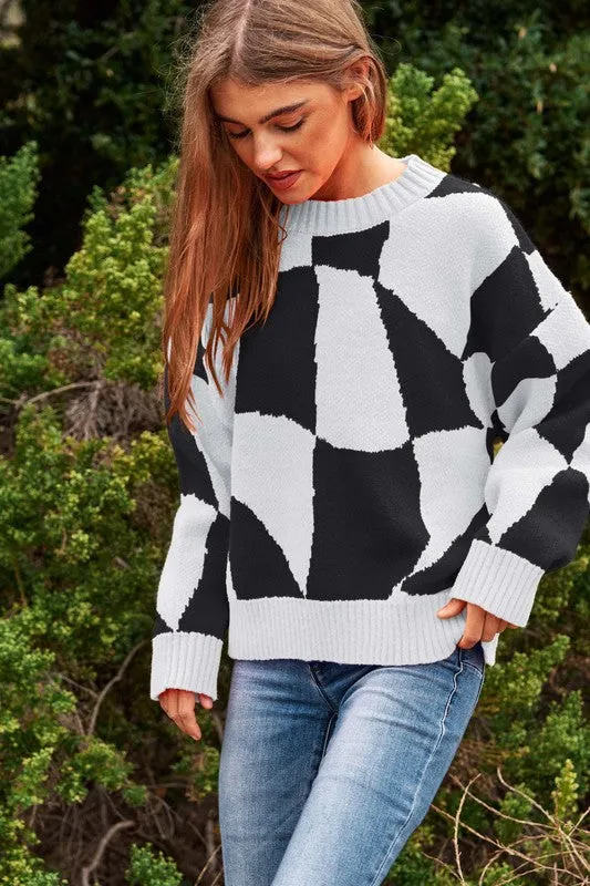 Davi & Dani Multi Geo Checker Pullover Knit Sweater Top