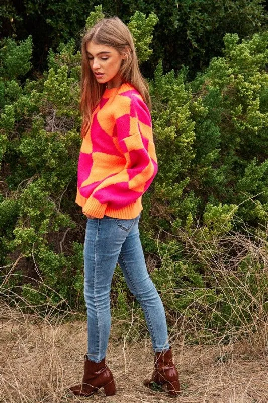 Davi & Dani Multi Geo Checker Pullover Knit Sweater Top