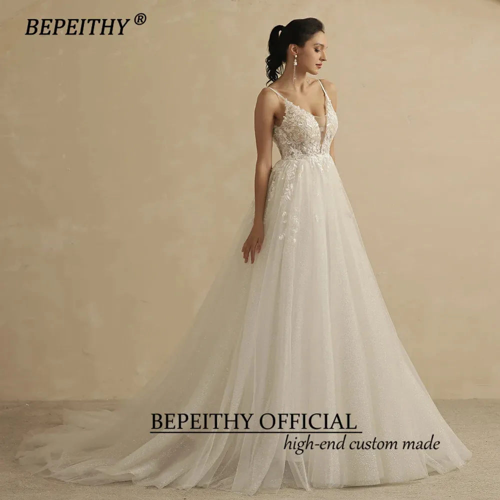 Deep V Neck Spaghetti Straps A Line Lace Wedding Dresses For Women