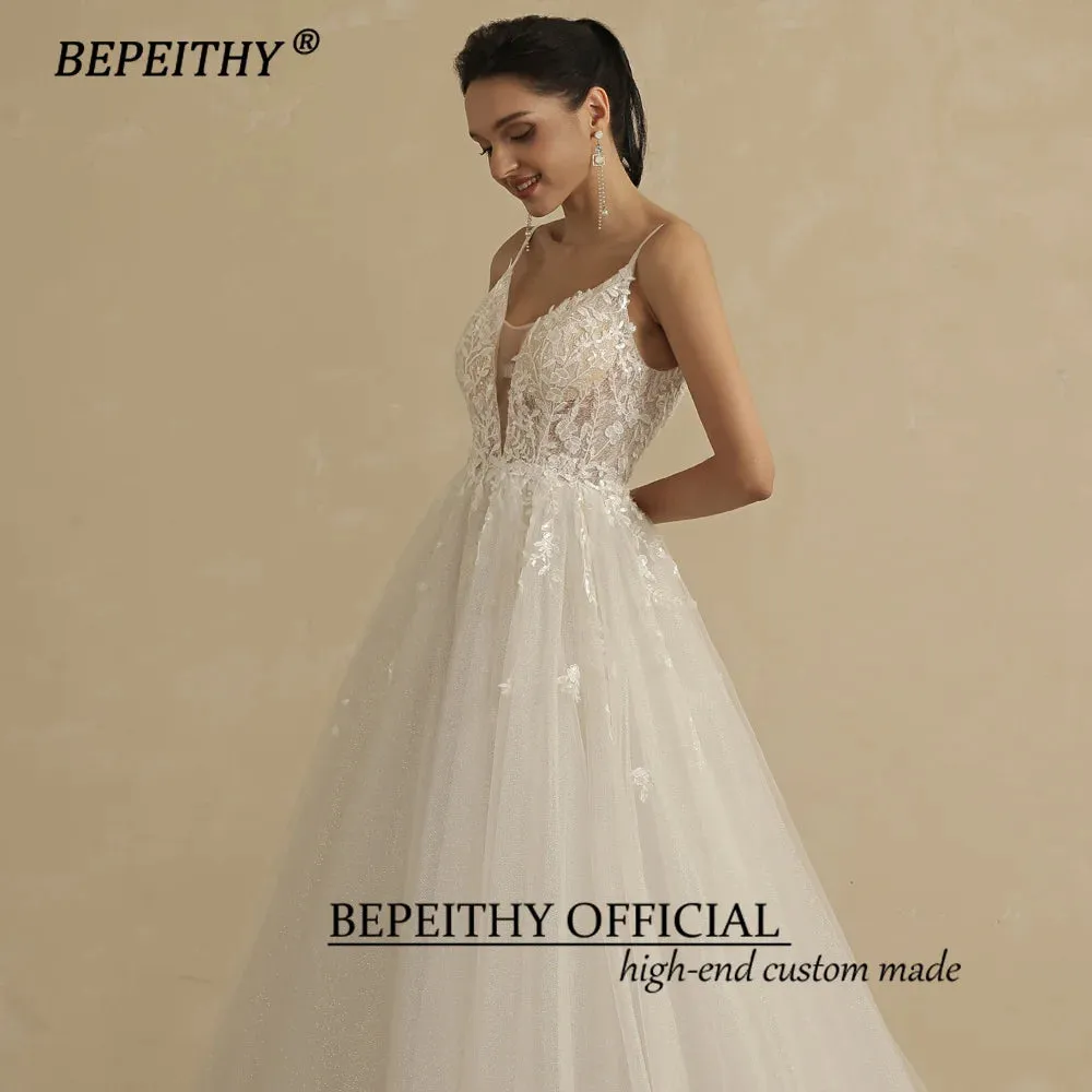 Deep V Neck Spaghetti Straps A Line Lace Wedding Dresses For Women