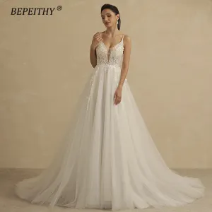 Deep V Neck Spaghetti Straps A Line Lace Wedding Dresses For Women
