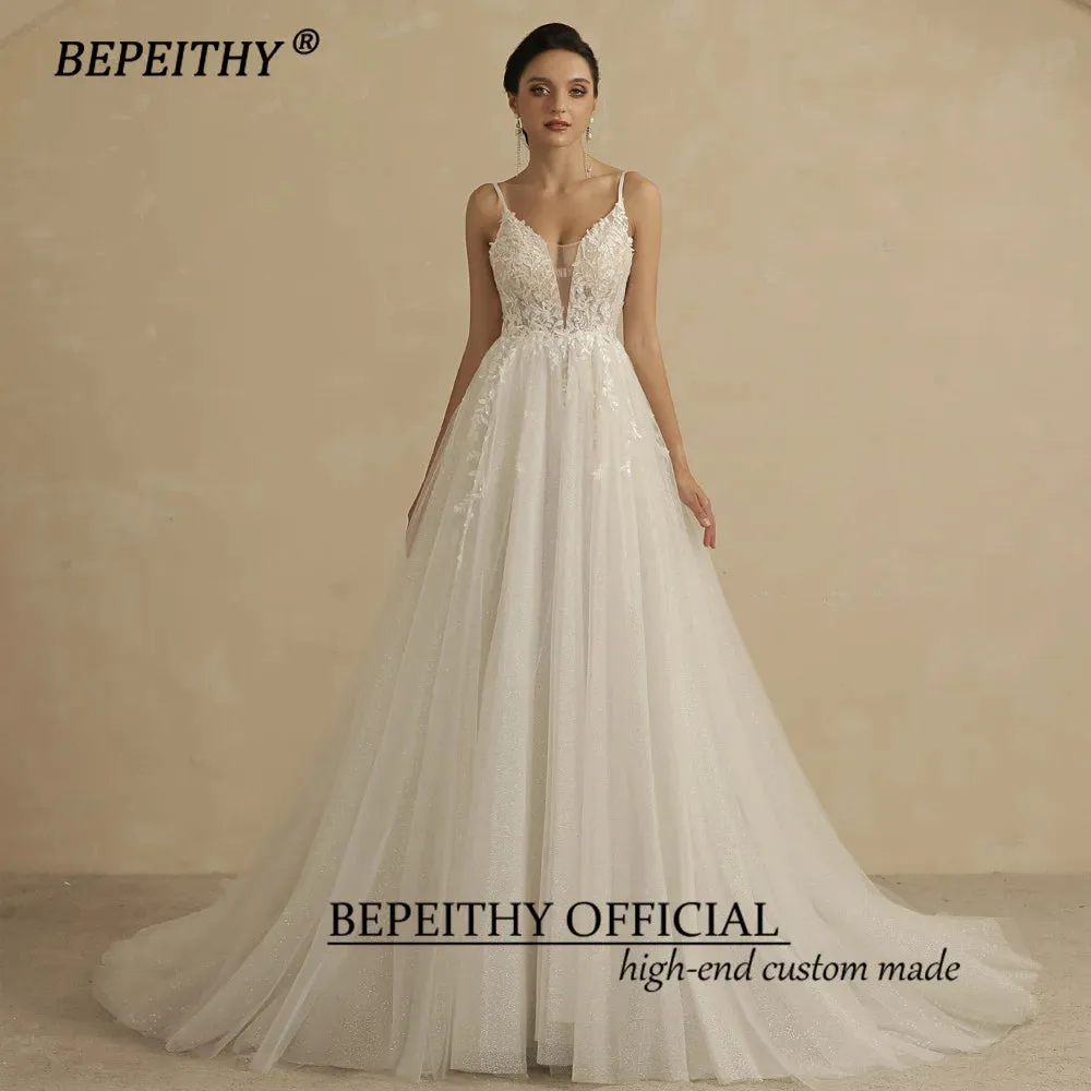 Deep V Neck Spaghetti Straps A Line Lace Wedding Dresses For Women