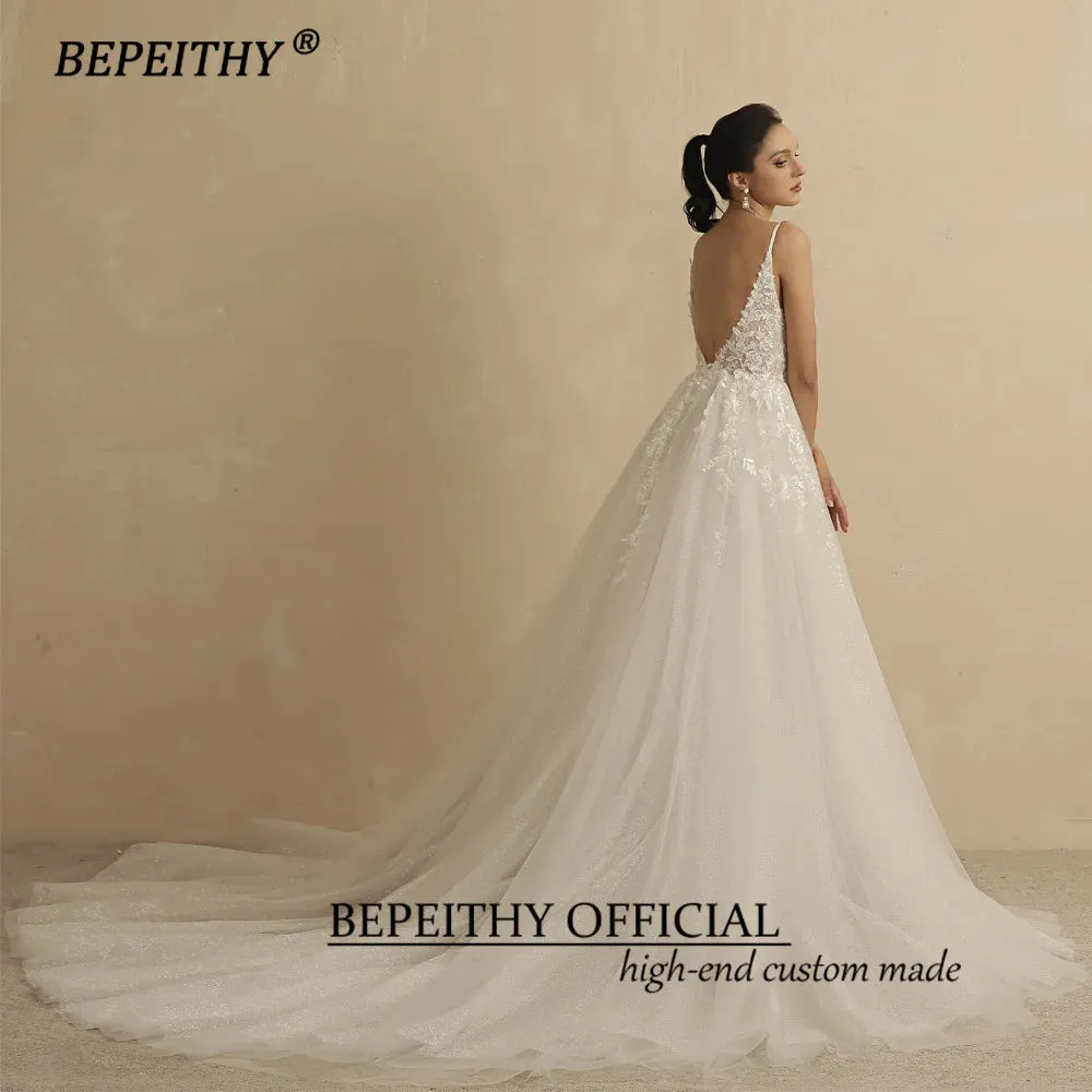 Deep V Neck Spaghetti Straps A Line Lace Wedding Dresses For Women