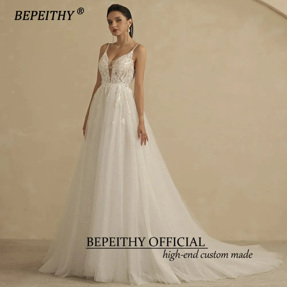 Deep V Neck Spaghetti Straps A Line Lace Wedding Dresses For Women