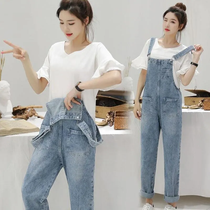 Denim Jumpsuits Women Spring Basic Washed Blue Overalls Outwear Office Lady Womens Elegant Long Trouser Rompers