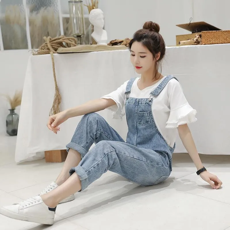 Denim Jumpsuits Women Spring Basic Washed Blue Overalls Outwear Office Lady Womens Elegant Long Trouser Rompers