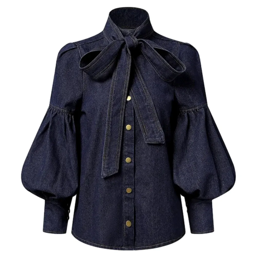 Denim Puff Sleeves Bow-Embellished Blouses