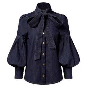 Denim Puff Sleeves Bow-Embellished Blouses