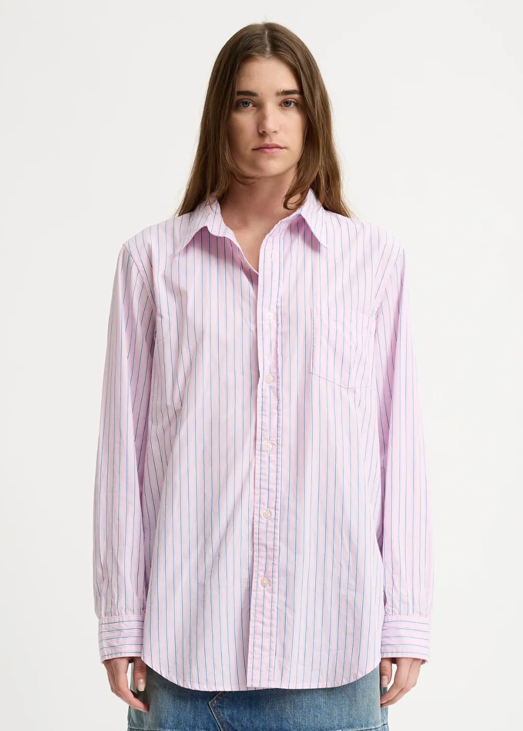 Denimist Boyfriend Shirt in Pink with Blue Stripe