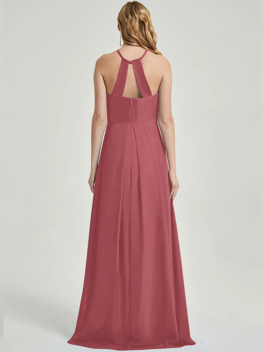 Desert Rose Halter Neck Empire Pleated Backless Chiffon Bridesmaid Dress