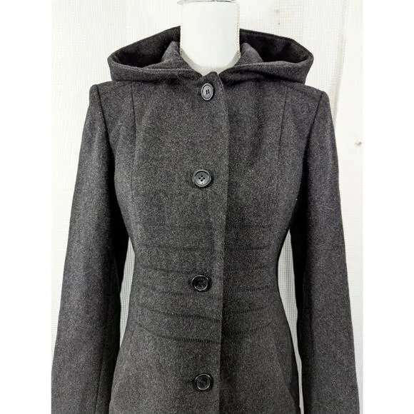 DKNY! BLACK FINE WOOL, REMOVABLE HOOD, BABYDOLL JACKET, COAT! SZ XS
