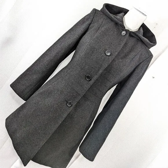 DKNY! BLACK FINE WOOL, REMOVABLE HOOD, BABYDOLL JACKET, COAT! SZ XS