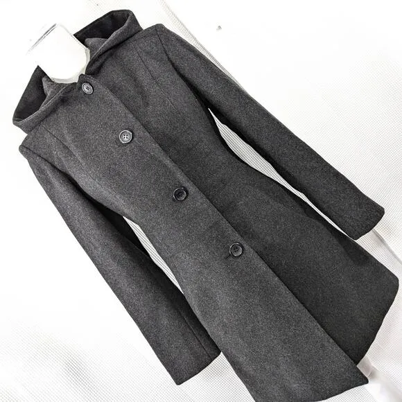 DKNY! BLACK FINE WOOL, REMOVABLE HOOD, BABYDOLL JACKET, COAT! SZ XS
