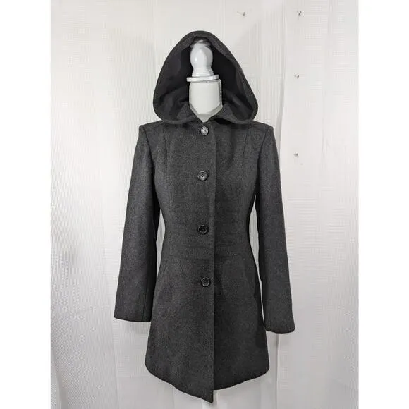 DKNY! BLACK FINE WOOL, REMOVABLE HOOD, BABYDOLL JACKET, COAT! SZ XS