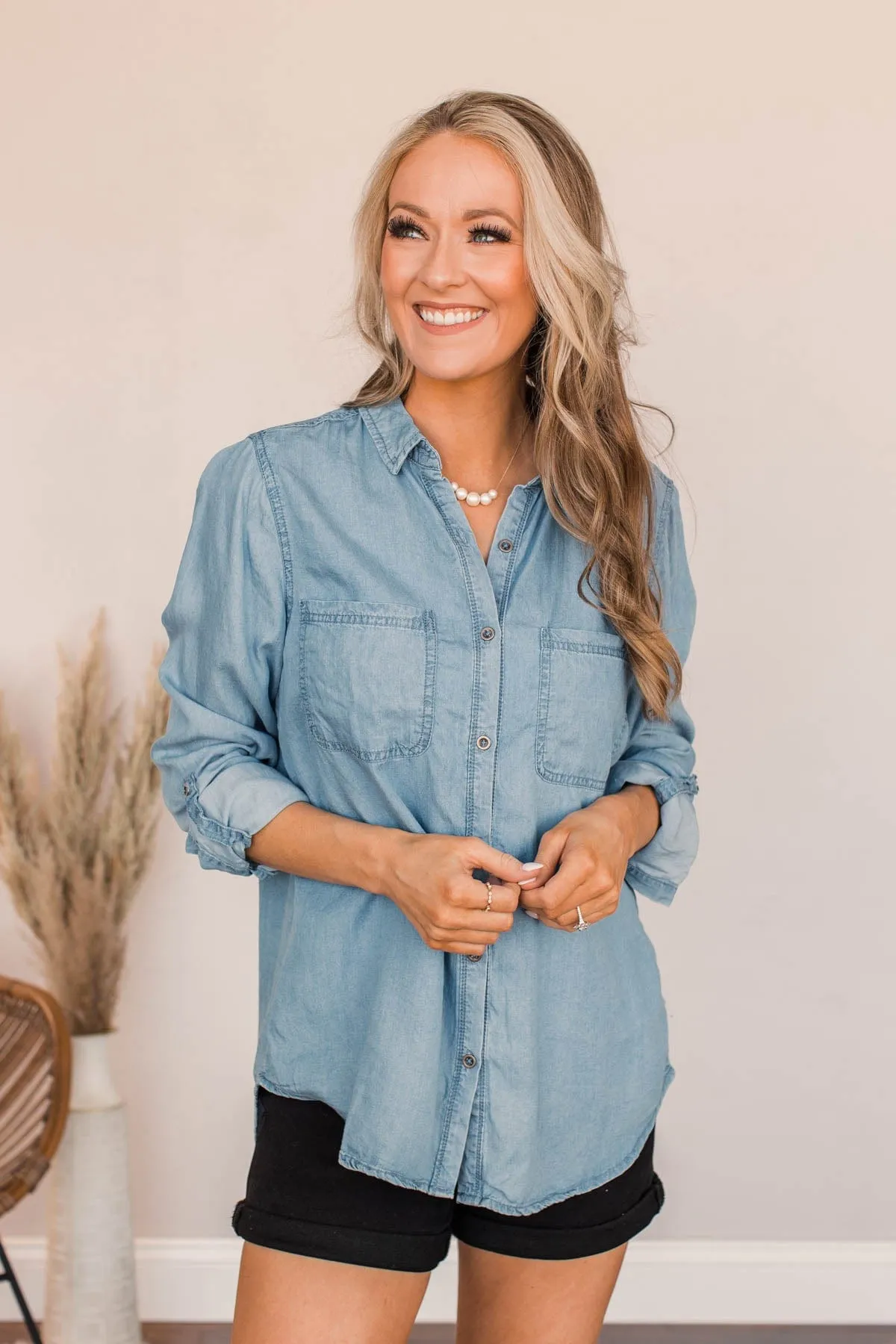 Don't Lose Focus Chambray Top- Light Wash