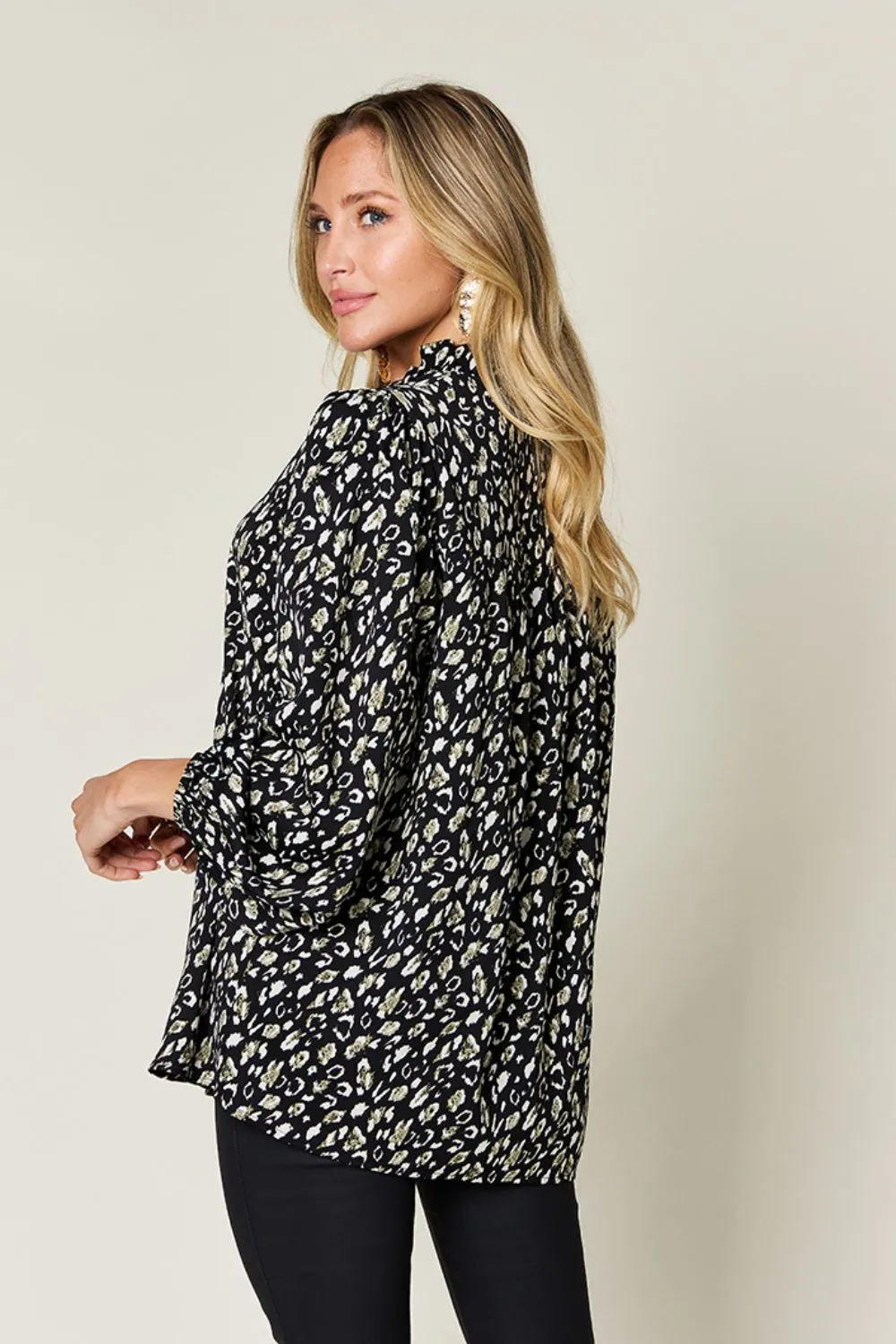 Double Take Full Size Leopard Long Sleeve Blouse (2 Colors)