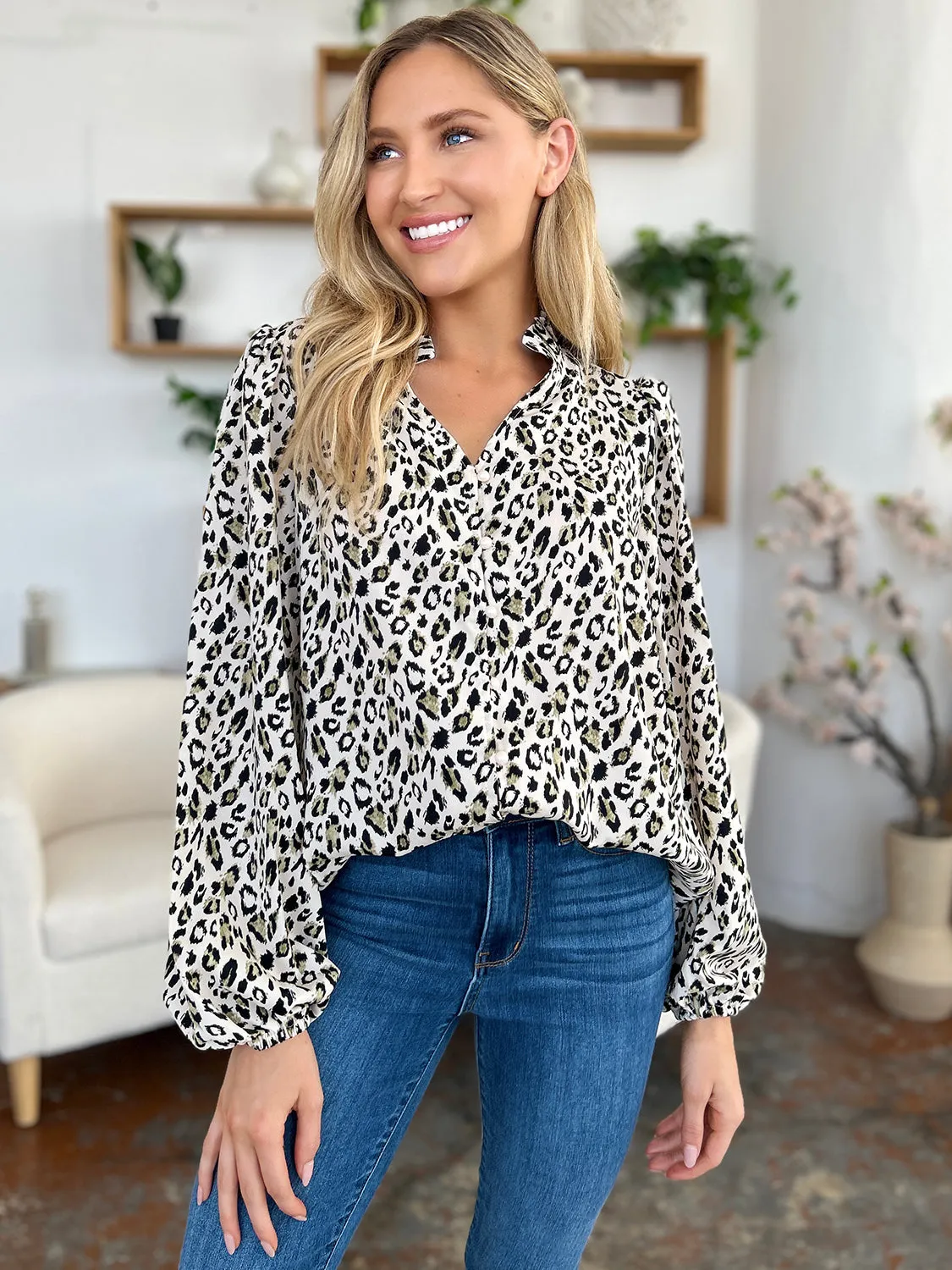 Double Take Full Size Leopard Long Sleeve Blouse (2 Colors)