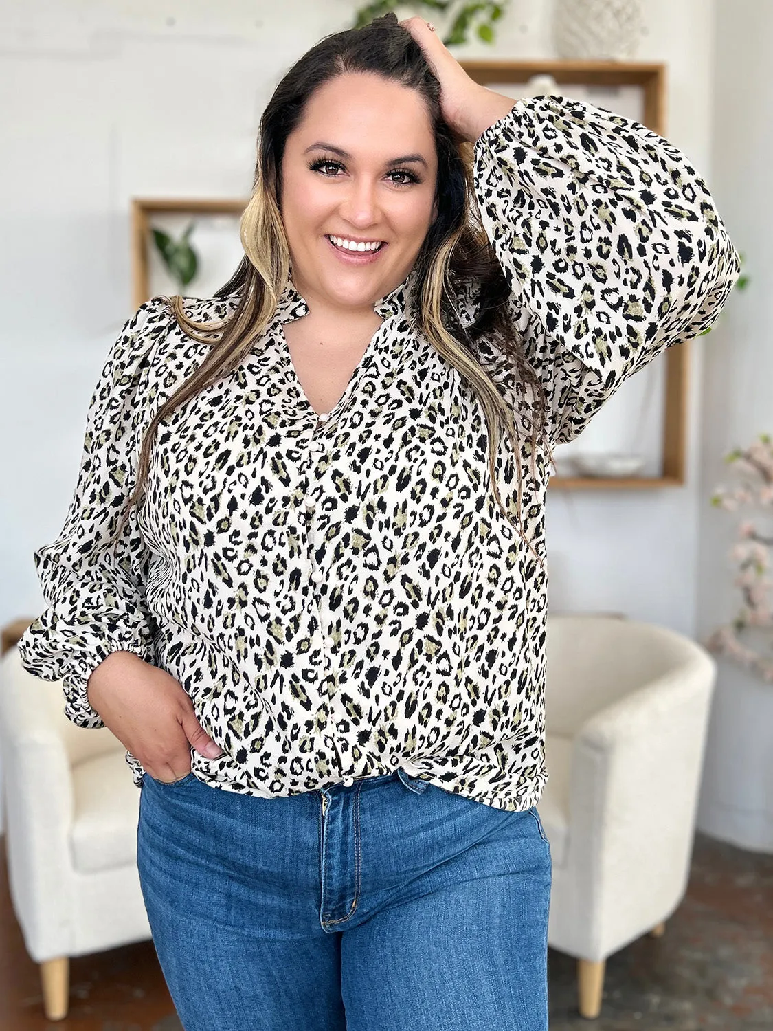 Double Take Full Size Leopard Long Sleeve Blouse (2 Colors)