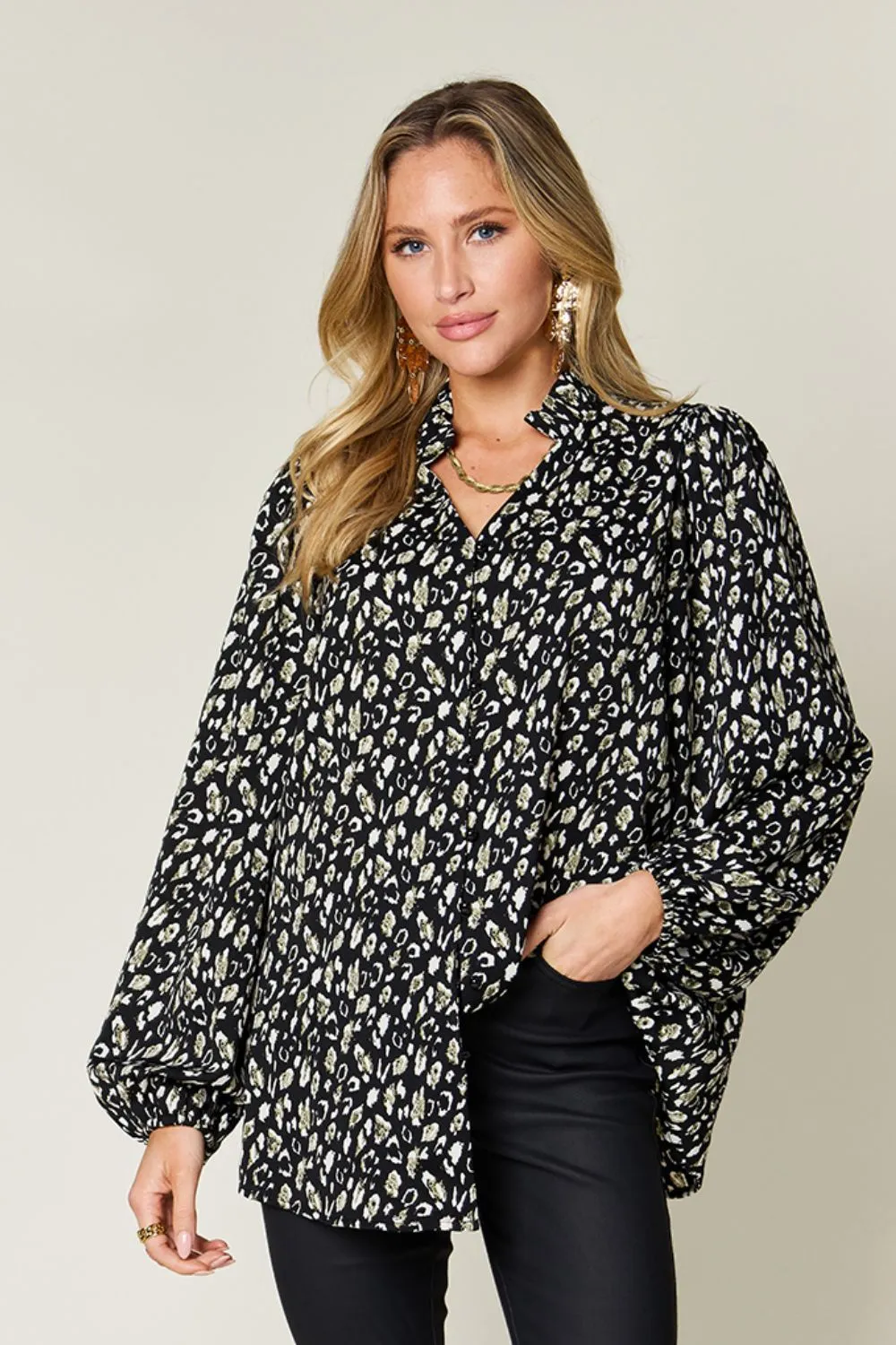 Double Take Full Size Leopard Long Sleeve Blouse (2 Colors)
