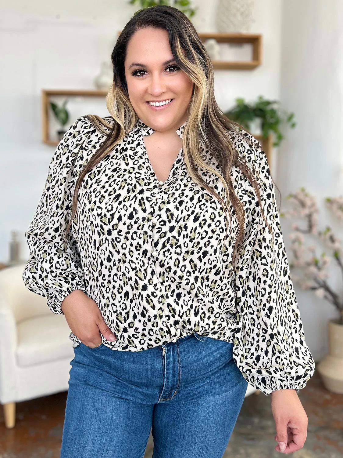 Double Take Full Size Leopard Long Sleeve Blouse (2 Colors)