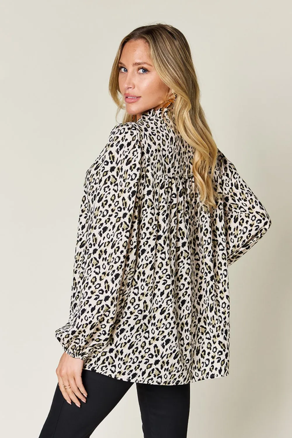 Double Take Full Size Leopard Long Sleeve Blouse (2 Colors)