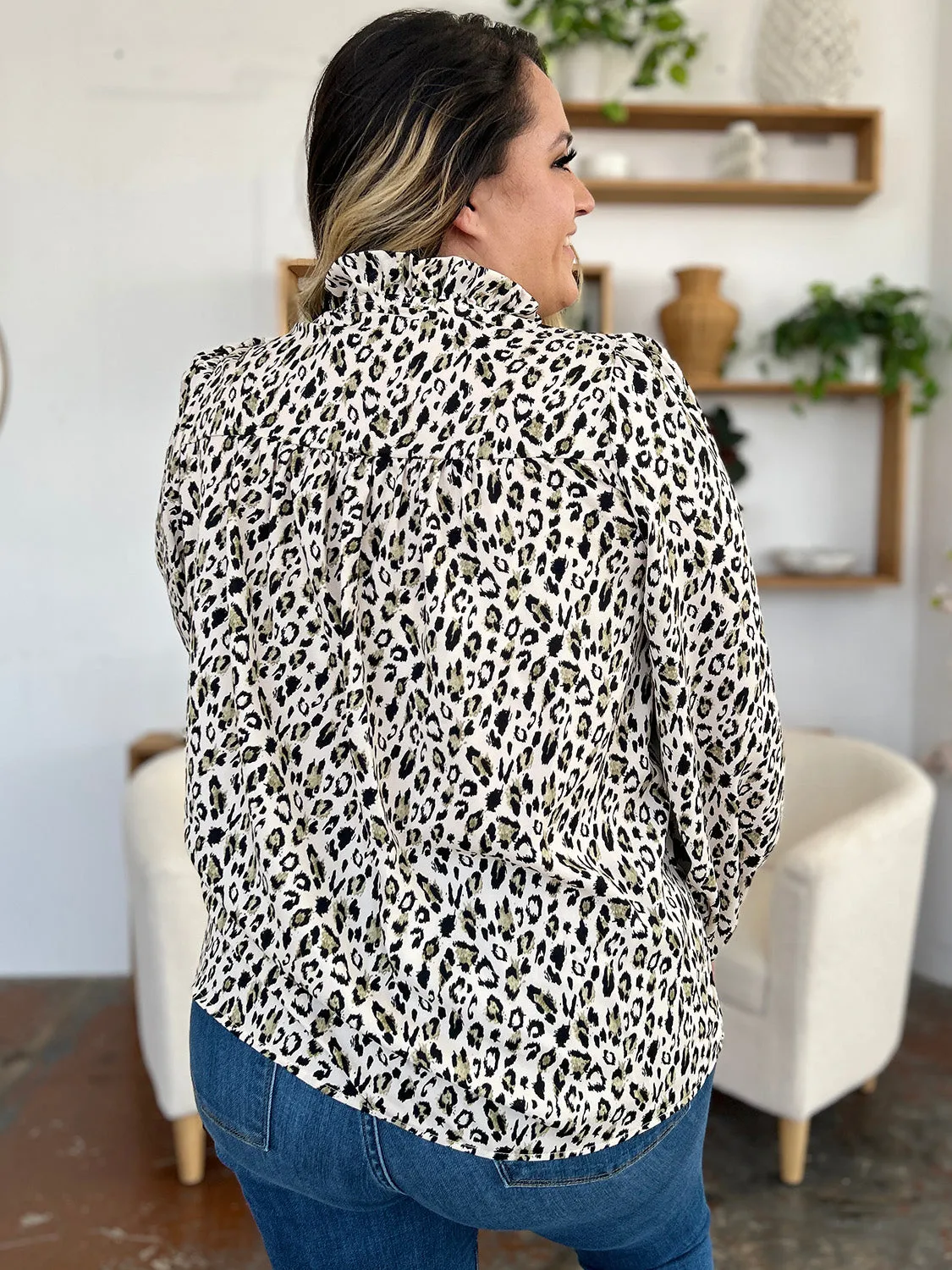 Double Take Full Size Leopard Long Sleeve Blouse (2 Colors)