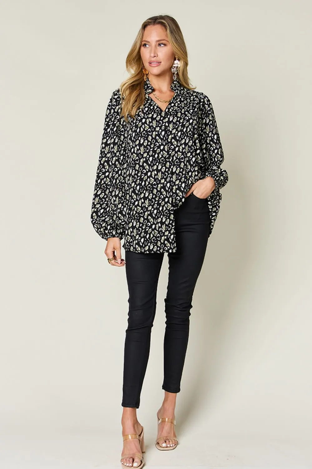 Double Take Full Size Leopard Long Sleeve Blouse (2 Colors)