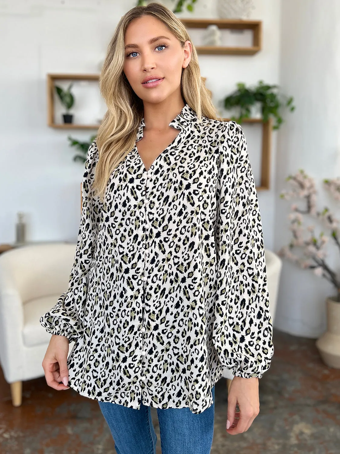 Double Take Full Size Leopard Long Sleeve Blouse (2 Colors)