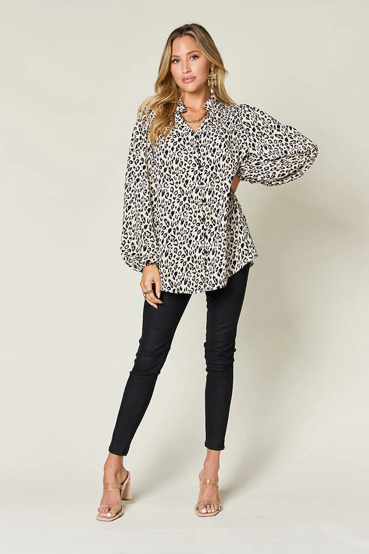 Double Take Full Size Leopard Long Sleeve Blouse (2 Colors)