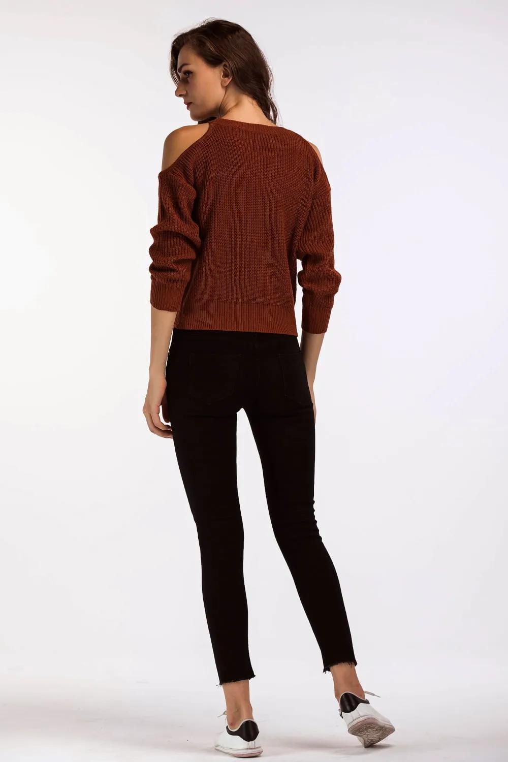 Double Take Round Neck Cold-Shoulder Ribbed Sweater