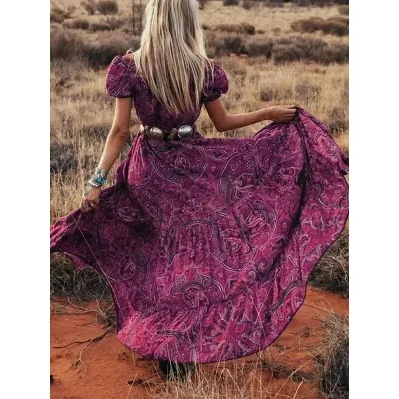 DressBetty - 2024 Floral Print Chiffon Three Quarter Sleeve V-neck Boho Long Dress