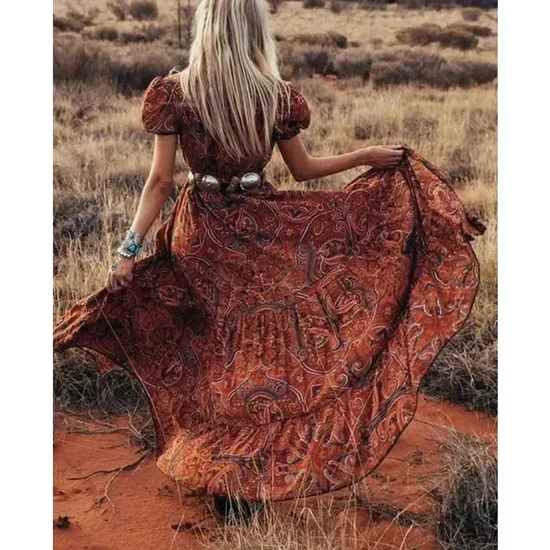 DressBetty - 2024 Floral Print Chiffon Three Quarter Sleeve V-neck Boho Long Dress