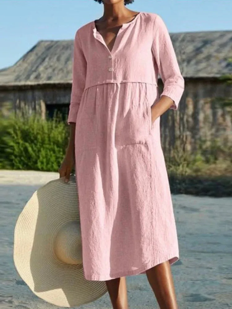 DressBetty - 2024 Solid Cotton Linen Half Sleeve Women's Boho Dress