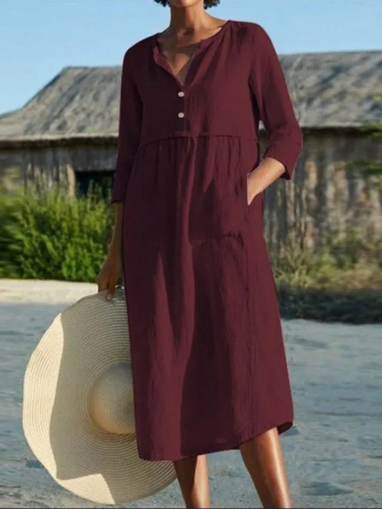 DressBetty - 2024 Solid Cotton Linen Half Sleeve Women's Boho Dress