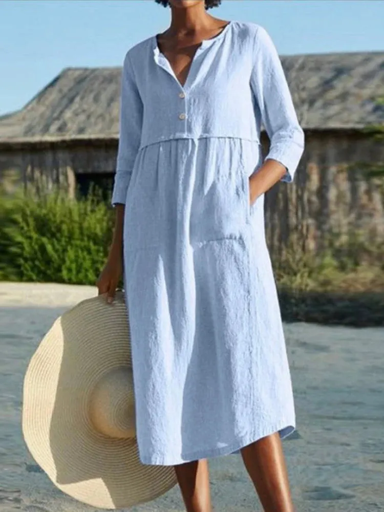 DressBetty - 2024 Solid Cotton Linen Half Sleeve Women's Boho Dress