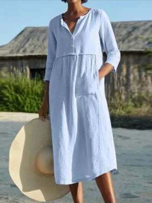 DressBetty - 2024 Solid Cotton Linen Half Sleeve Women's Boho Dress