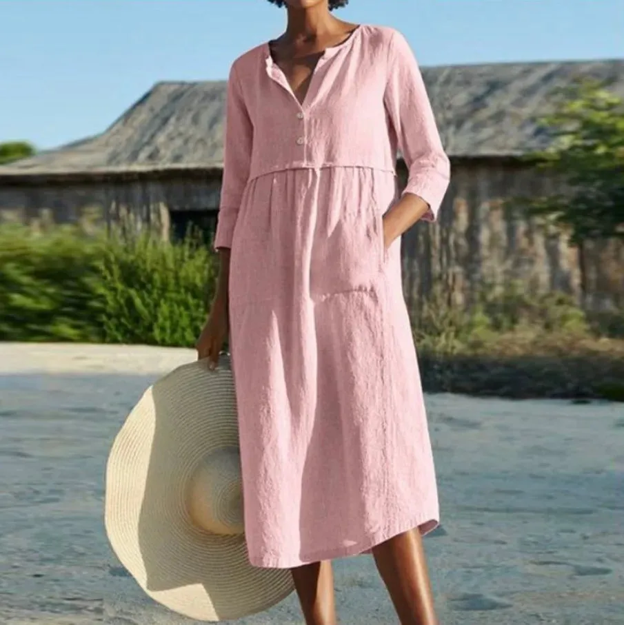 DressBetty - 2024 Solid Cotton Linen Half Sleeve Women's Boho Dress