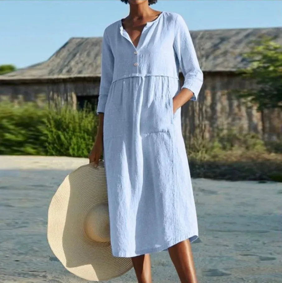 DressBetty - 2024 Solid Cotton Linen Half Sleeve Women's Boho Dress