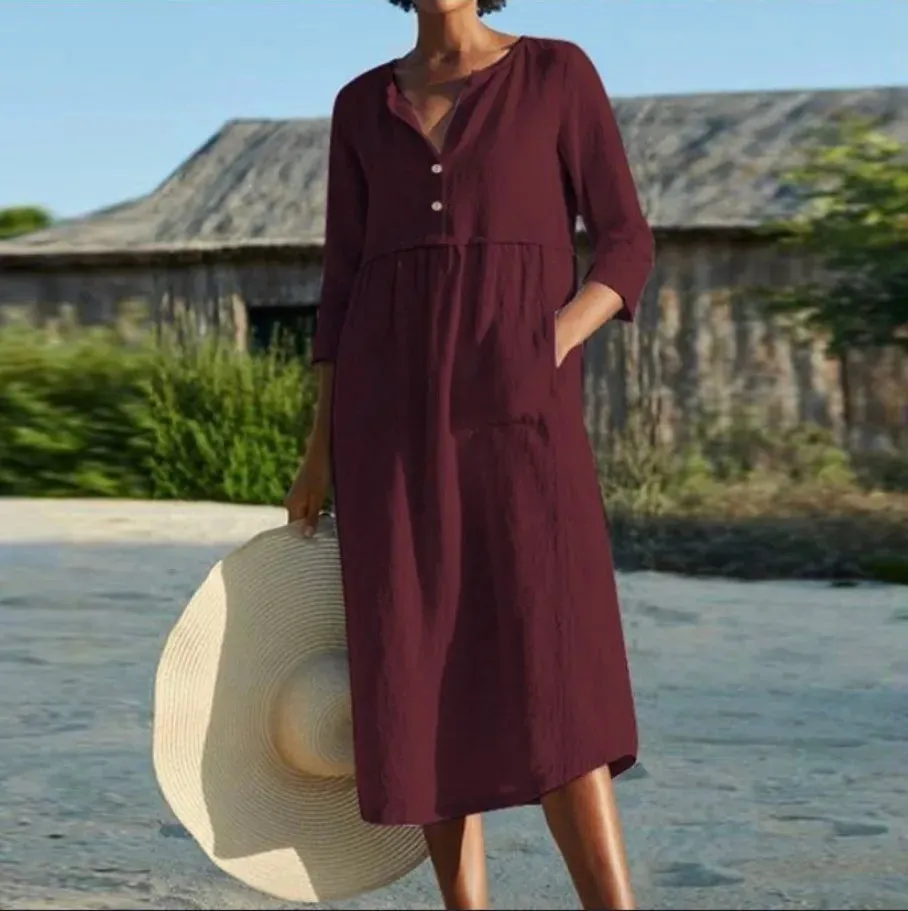 DressBetty - 2024 Solid Cotton Linen Half Sleeve Women's Boho Dress