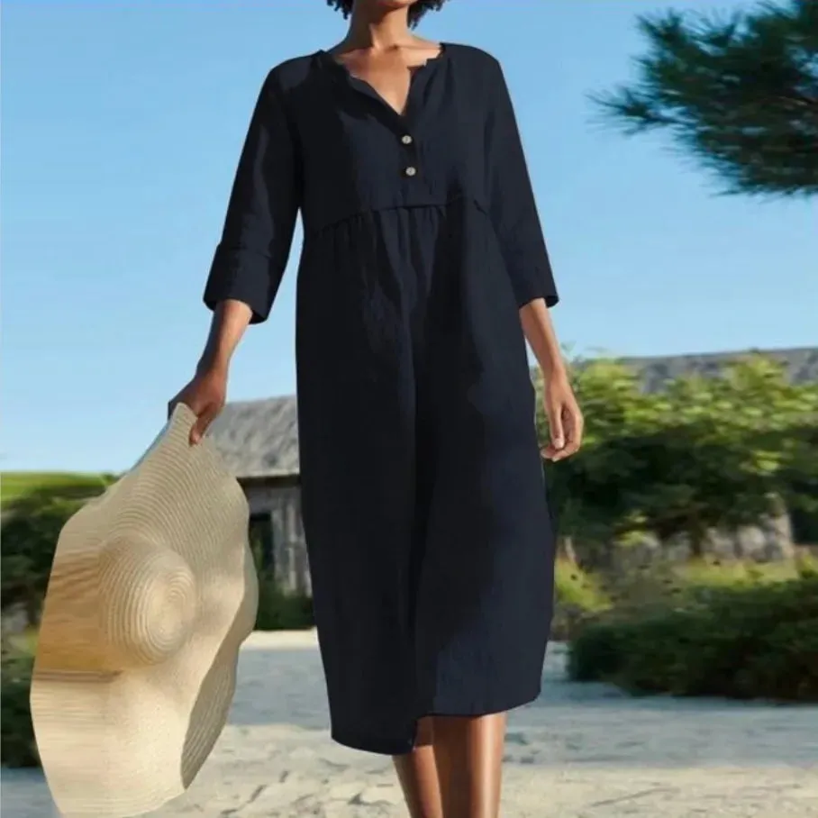 DressBetty - 2024 Solid Cotton Linen Half Sleeve Women's Boho Dress