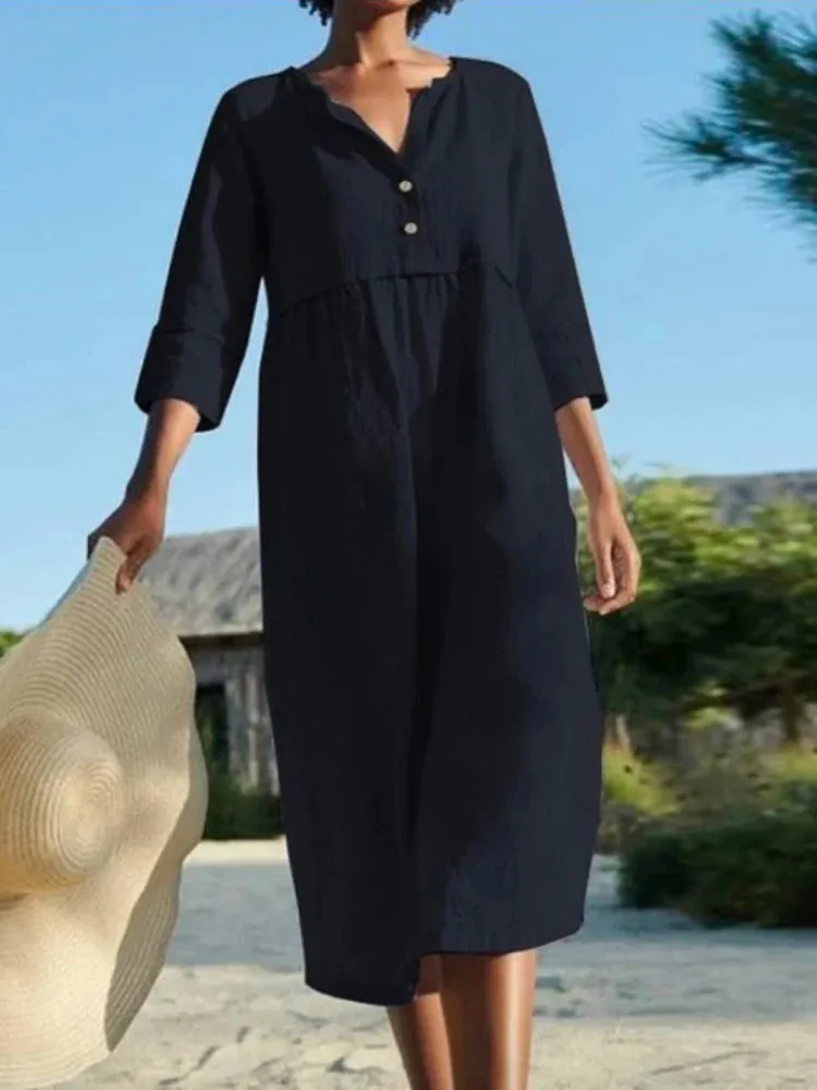 DressBetty - 2024 Solid Cotton Linen Half Sleeve Women's Boho Dress