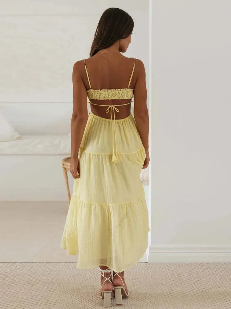DressBetty - 2024 Sweet Sexy V Neck Spaghetti Straps Tassel Maxi Boho Dress