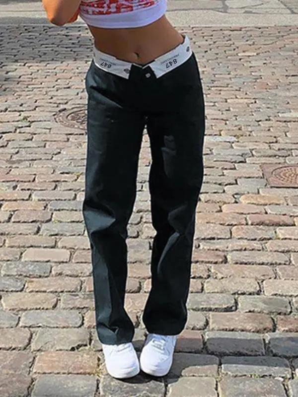 Dunkle Straight Leg Hose mit Faltbarer Taille