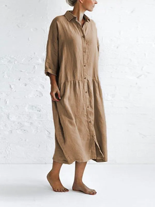 Dunnmall 3/4 Sleeve Cotton-Blend Solid Casualdress